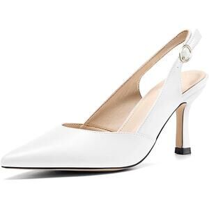 Rilista Womens Size 7 White Faux Leather Pointy Toe Slingback 3.5" Heels Shoes